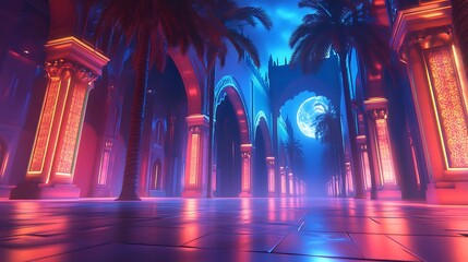 Neon alleyway under moonlit sky