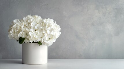 White hydrangeas in cylindrical vase, light grey wall, high-key minimalist photo