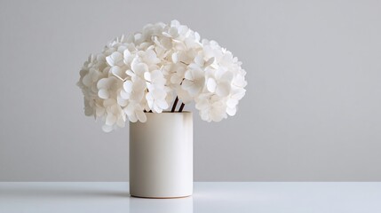 White hydrangeas in cylindrical vase, light grey wall, high-key minimalist photo