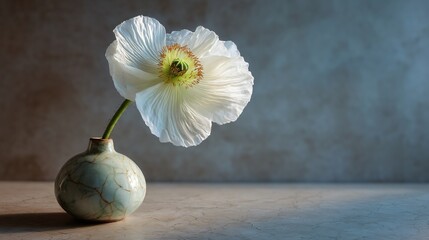 White poppy in tiny vase on stone surface, overhead lighting, delicate lines