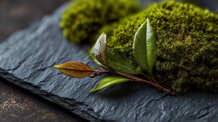 Zen-inspired plant composition, moss and leaf on slate, clean layout