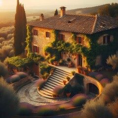 Rustic Tuscan Villa with Stone Steps and Lush Garden at Sunset. for travel magazines, luxury real estate listings, website banners