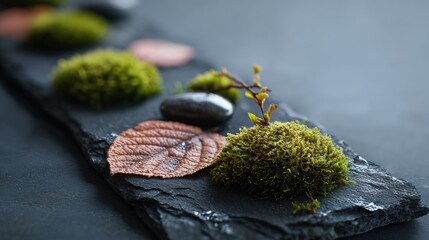 Zen-inspired plant composition, moss and leaf on slate, clean layout
