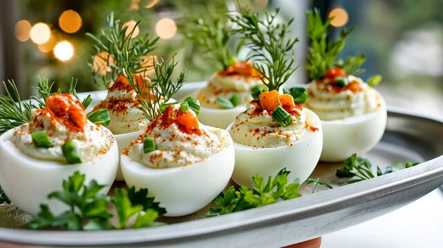 Gourmet deviled eggs with herbs and paprika garnish on elegant holiday platter.