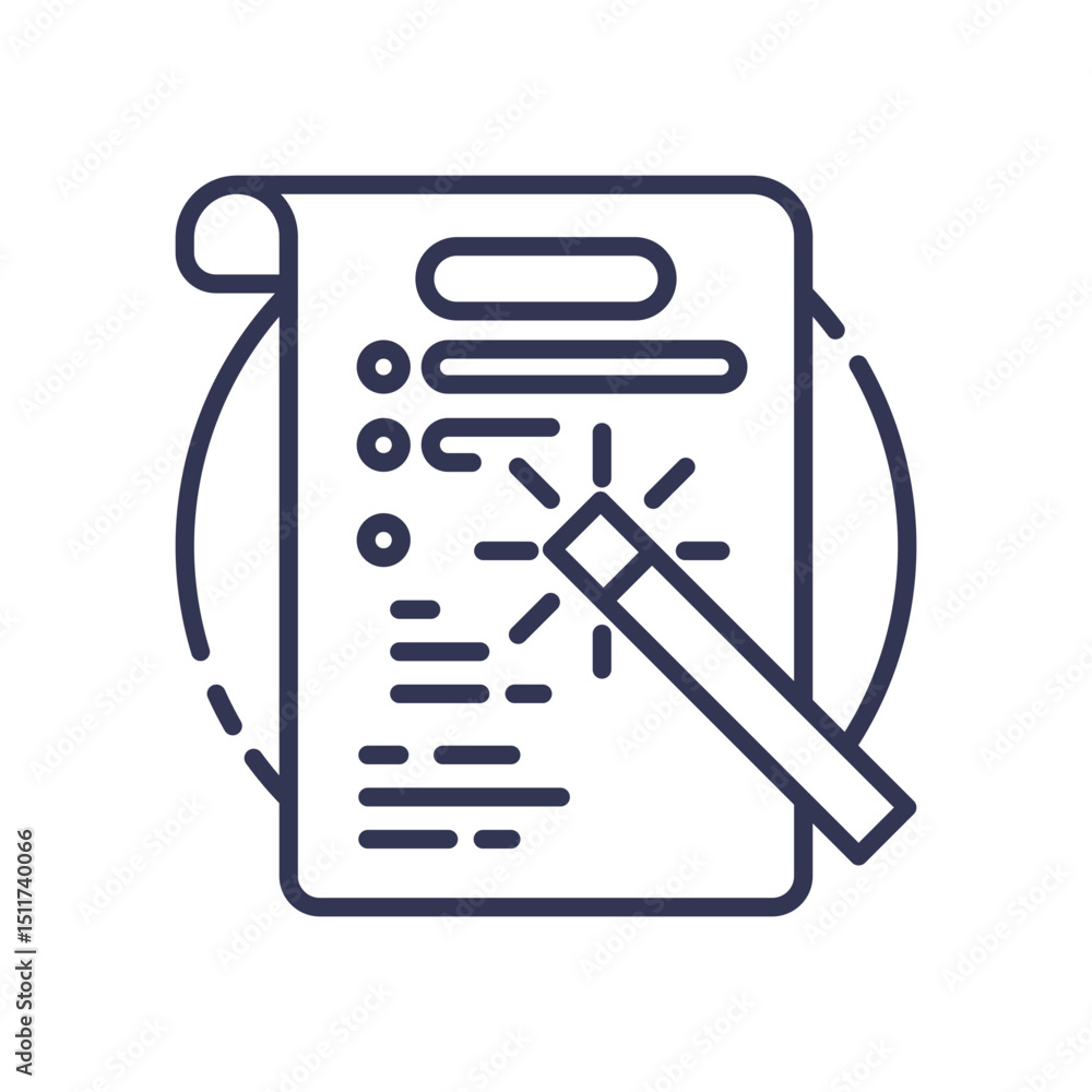 Aufkleber magic wand editing a document, symbolizing automated content editing.