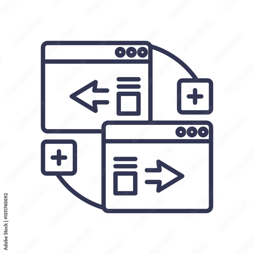Poster two browser windows with arrows and plus signs, symbolizing content variation and exchange.