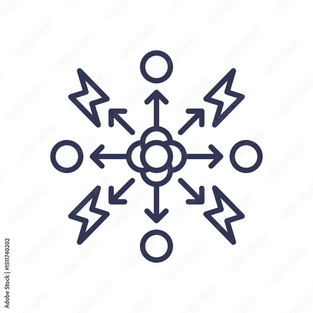 Poster central energy source with arrows and lightning bolts symbolizing energy release and distribution.