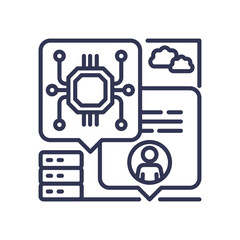 Illustration of human-machine interaction with icons of a chip, person, and data.