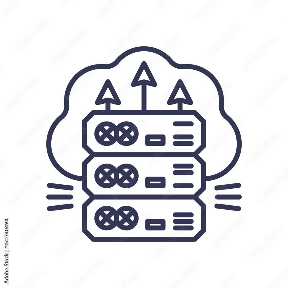 Poster cloud servers with upward arrows symbolize scalable deployment and growth.