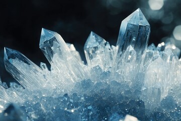 A cluster of translucent quartz crystals, sharply defined and sparkling with inner light.