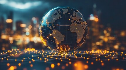 Global network, Earth globe on digital grid, city lights