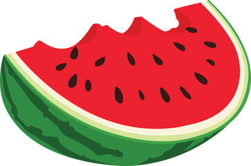 Vector illustration of bitten red watermelon slice with green rind and black seeds isolated on transparent background. Hand drawn trendy flat style.