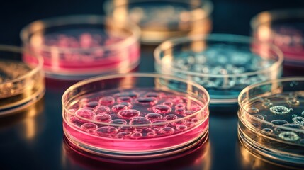 Petri dishes with colorful liquids and cells in a laboratory setting.