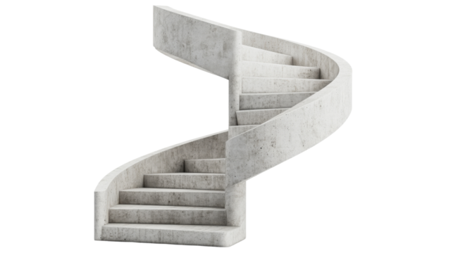Minimalist spiral concrete staircase with an elegant architectural curve, showcasing modern design and raw material texture in a sculptural interior element, isolated on white background