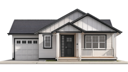 Front facade of a small, light-gray, craftsman-style home with a dark gray roof and black trim