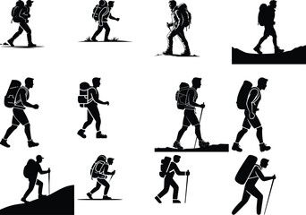 Man with Backpack Hiking Silhouette Set – Adventure Vector Pack Hiker Silhouette Collection – Backpacker Outdoor Graphic Bundle