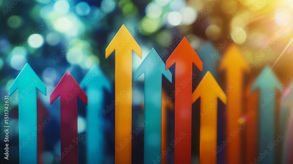 Aufkleber upward growth and progress multicolored 3d arrows pointing upward against a bokeh lights background