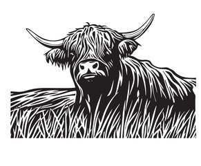 Highland Cow Resting in Field - Black and White Vector Illustration