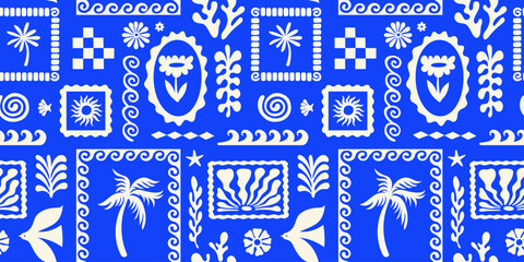 Vector hand drawn seamless pattern graphics with silhouette summer and vacation illustrations, print design template, tropical illustrations, frames and borders in simple trendy naive cut out style  © venimo