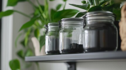 Three glass jars with black lids sit on a gray shelf, filled with dark soil.