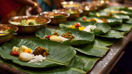 Food offerings (prasadam) are served on banana leaves during the ceremony. AI generated images.
