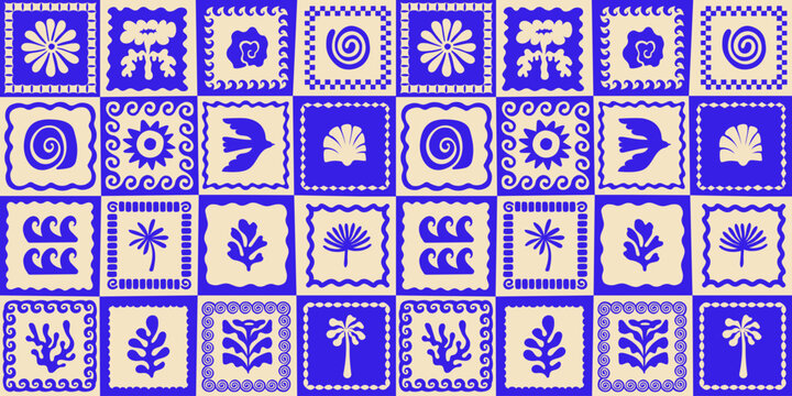 Vector hand drawn seamless pattern graphics with silhouette summer and vacation illustrations, print design template, tropical illustrations, frames and borders in simple trendy naive cut out style