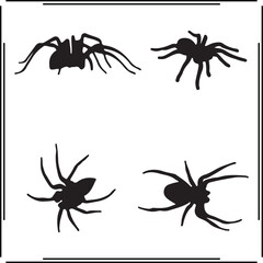 Creepy Spider Silhouettes Vector Set – Black Insect Icons of Various Spider Types and Poses for Halloween  Horror Designs, Nature Illustrations, and Web Graphics.

