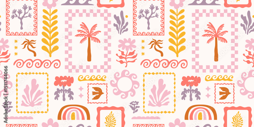 Poster vector hand drawn seamless pattern graphics with silhouette summer and vacation illustrations, print