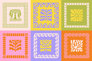 Vector hand drawn graphics, print design templates, summer and vacation theme, tropical illustrations, frames and borders in simple trendy naive cut out style  © venimo