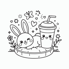 Kawaii Bunny and Drink Coloring Page – Cute Line Art with Flowers, Hearts, and Sparkles.