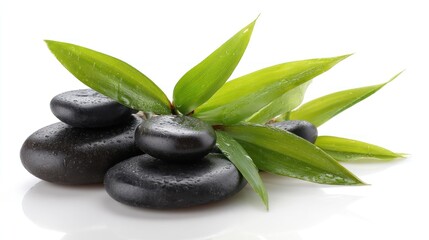 Obraz premium Black stones and green leaves arranged on a white surface.