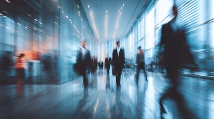 Blurred figures walk in a modern office building with glass walls and reflective floor.