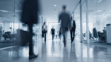 Blurred figures walk in a bright office corridor with glass walls.
