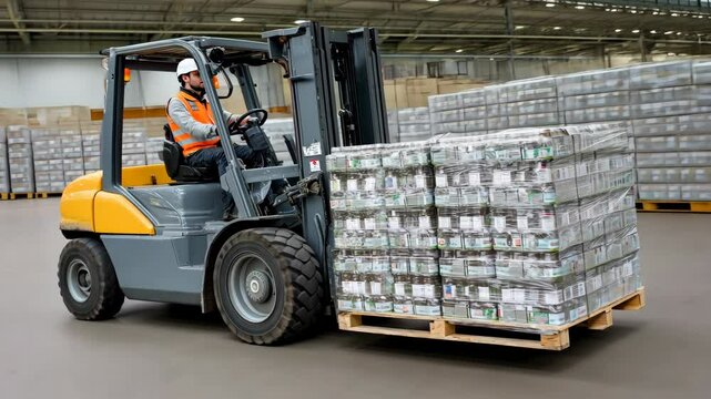 Warehouse worker operates forklift to transport stacked pallets of goods in a busy distribution center during daytime hours