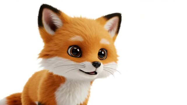 A fluffy cartoon fox with big, bright eyes looks towards the camera against plain white background. copy space