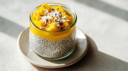 Chia seed pudding with mango topping in a glass jar on a plate.