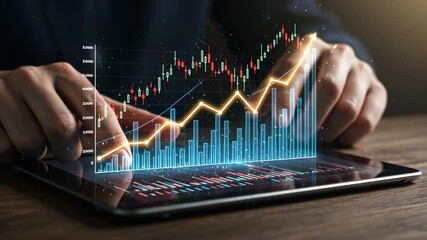 A person interacts with stock market data displayed on a tablet screen - Powered by Adobe