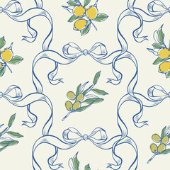 Mediterranean seamless pattern with lemons, olives and ribbons. La dolce vita summer background with hand-drawn lemons, olives, and elegant blue ribbon bows for fabric, wrap, packaging, card, decor.