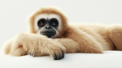 Fototapeta premium A close-up of a serene gibbon resting with a thoughtful expression.