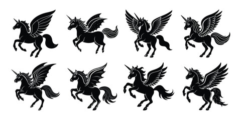 Mythical unicorn silhouette vector set featuring majestic winged unicorns in flight and motion, ideal for fantasy themes, decals, and tattoo designs.
