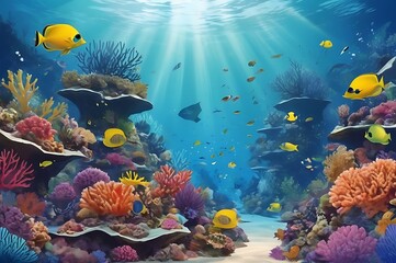 Naklejka premium Tropical sea underwater fishes on coral reef. Aquarium oceanarium wildlife colorful marine panorama landscape nature snorkel diving