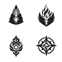 Four abstract black and white silhouette designs with geometric and nature inspired elements