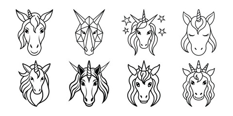Vector set of front facing unicorn head illustrations in minimalist and stylized line art for branding, stickers, tattoos, and children’s designs. © polash27