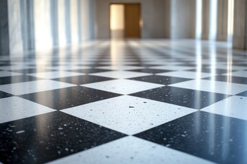 Checkered floor in a bright hallway leading to a door.