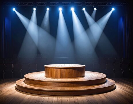 Empty wooden circular stage platform with dramatic spotlights and theatrical lighting in concert venue or auditorium setting.