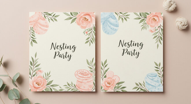 Floral nesting party invitations with pink and blue accents on beige background - Powered by Adobe