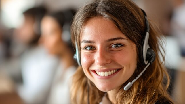 Woman wearing headset in office setting with blurred colleagues in background.