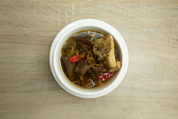 Semur, a traditional Indonesian food, with beef, served in a bowl.