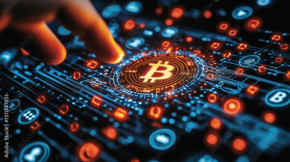 Poster hand interacts with glowing digital bitcoin symbol