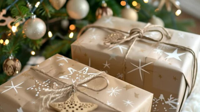 Close-up of wrapped gifts under a Christmas tree, featuring star-themed decorations and rustic twine, creating a warm, festive holiday atmosphere. The tree is decorated with bulbs.